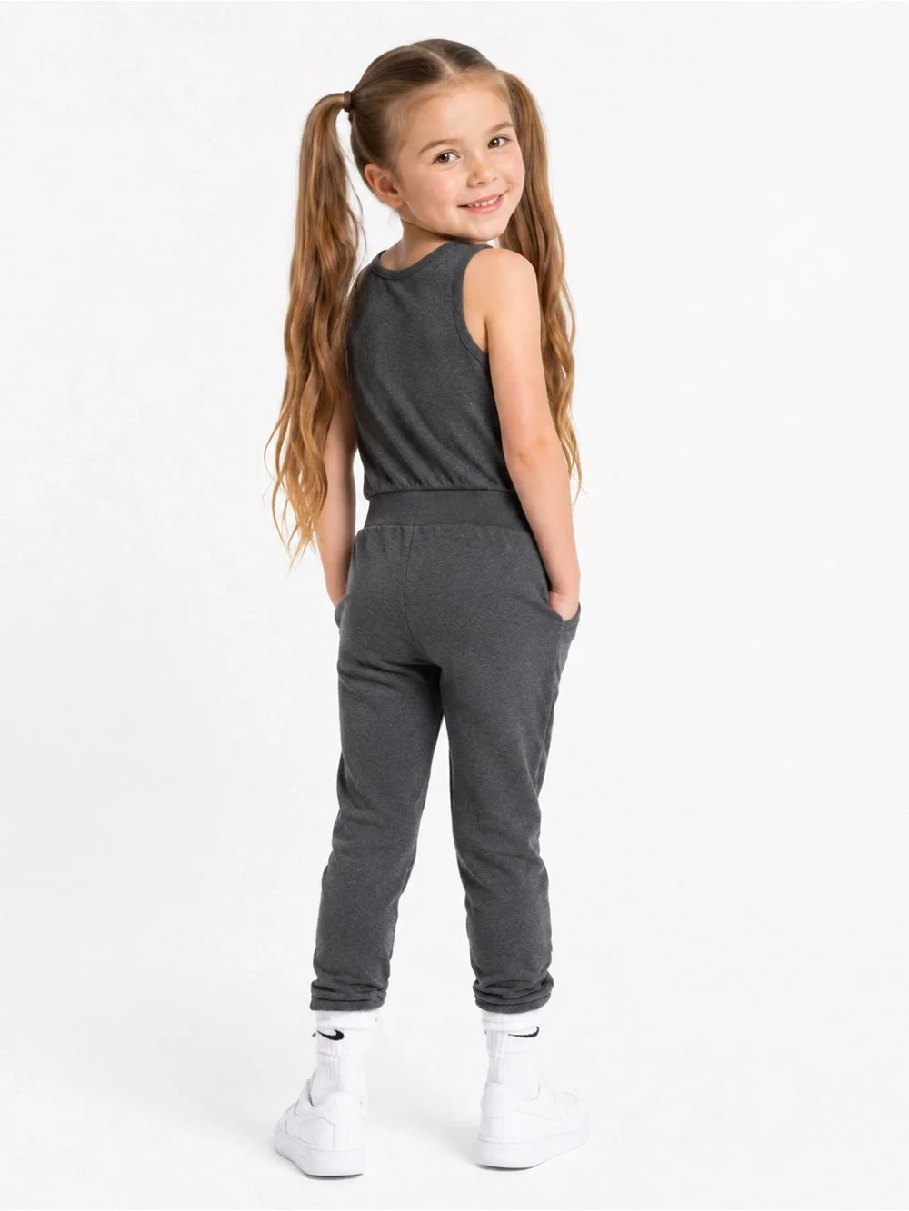 Nike Girls Gray Sleeveless Jogger Jumpsuit Romper Swoosh Pockets Size 6